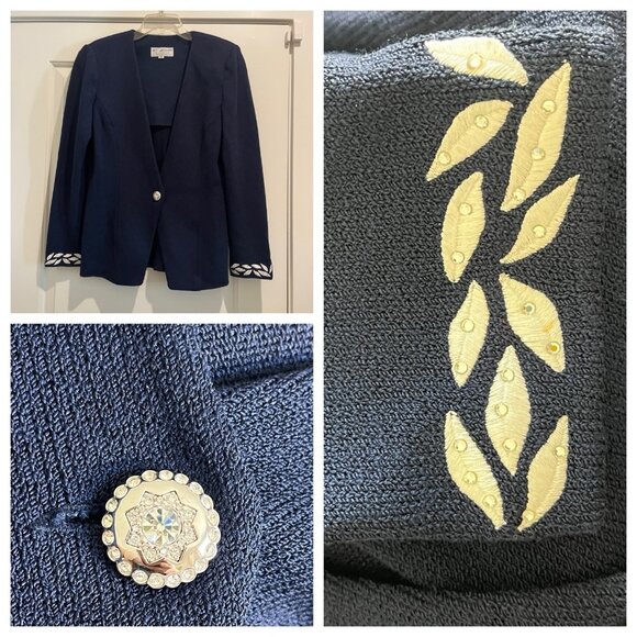 St. John Jackets & Blazers - St. John Evening Marie Gray size 8 blue jacket white embroidery & crystals